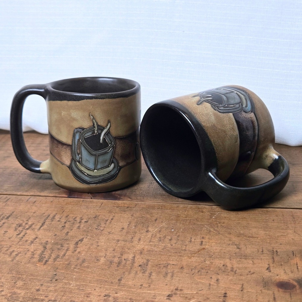 Set of 2 Mara Stoneware Coffee Mugs Mexico Hand Crafted Coffee Beans Art Pottery